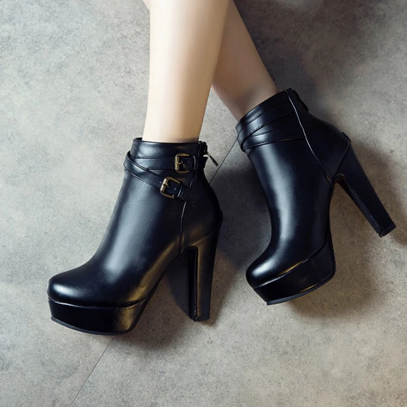 REAVE CAT Size 34-50 Ladies Platform Ankle Boots Party Office Women Fashion 12CM Thick High Heels Buckle Shoes F1484