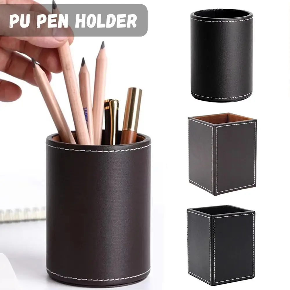

High Quality PU Leather Pen Holder Round/Square Large-capacity Stationery Storage Holder Portable Pen Container Back To School