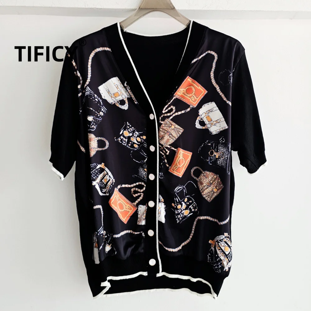 High Street Sweaters French Contrasting V-neck Bag Print Patchwork Short Sleeved Knitted Cardigan Women's Jumpers Top