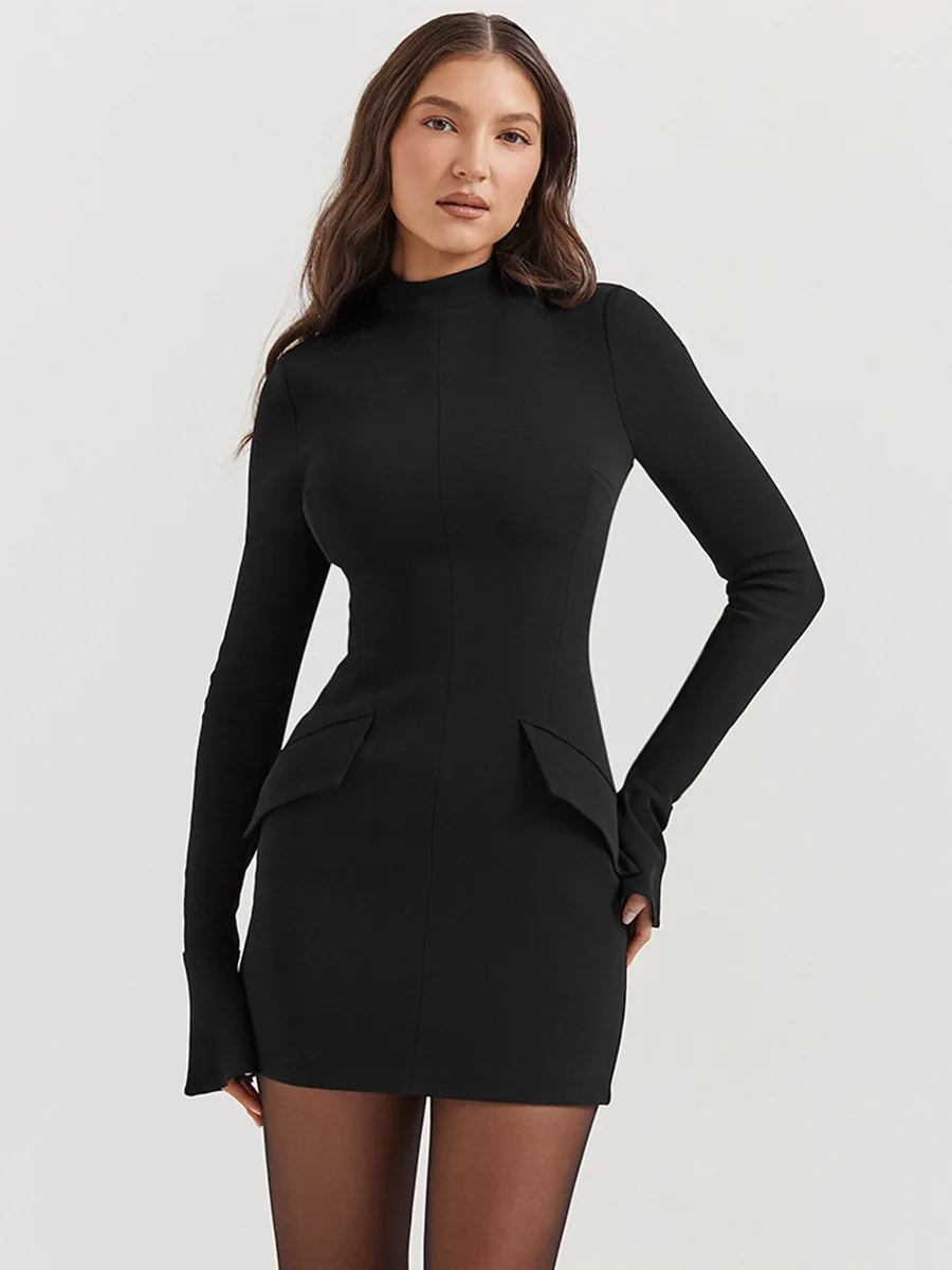 Mini Vestido de manga larga con cuello para mujer, vestidos cortos de fiesta para mujer, elegante vestido de oficina negro, vestidos ajustados a la moda, primavera y otoño