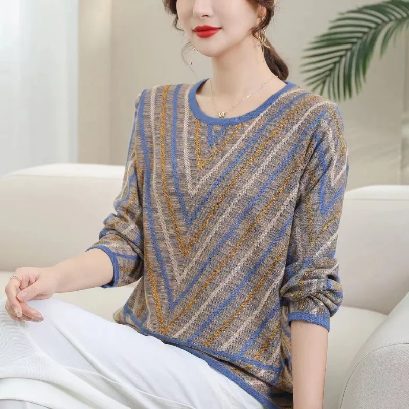 

Versatile Striped Knit Sweater For Women Loose Fit Long Sleeve Slimming Top
