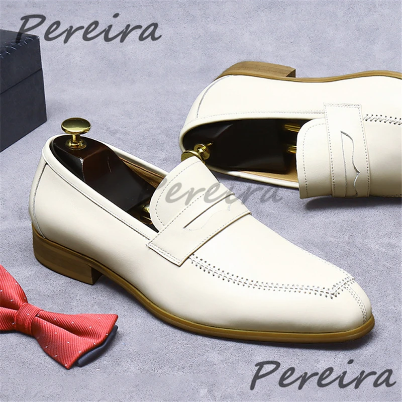 

White Genuine Leather Men's Formal Shoes British Style Cowhide Pointed Toe Business Dress Shoes Fashion Outdoor Casual Loafers