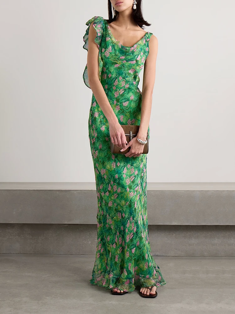 

Ruffle Draped Women's Dress Temperament Elegant Vacation Style Green Printed Long Dresses 2024 Summer New