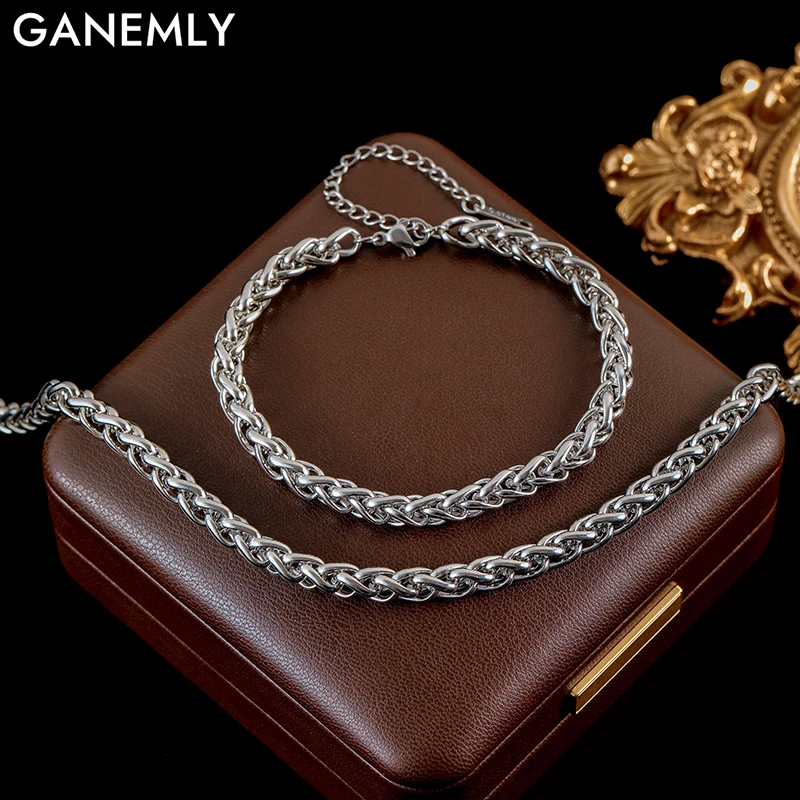 

GANEMLY Silver Color Chain Jewelry Set For Women 316L Stainless Steel Hypoallergenic Waterproof Chain Necklace Bracelet New Gift