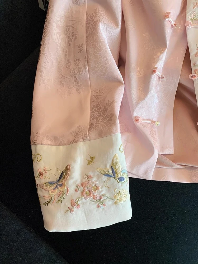 Roze nieuwe Chinese Sle lichtgewicht geborduurd patchwork irt Jaet lente herfst retro high-end veelzijdige button-up top