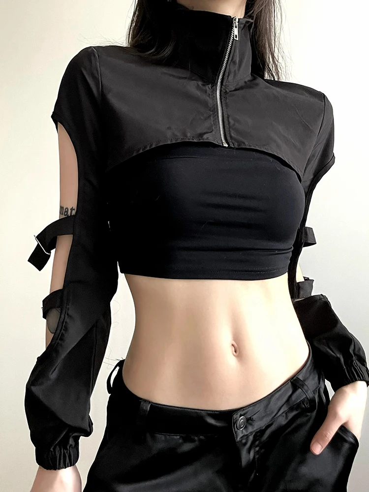 Weekeep Punk Style Black Jacket Zip Up Turtleneck Hollow Out Full Sleeve Gothic Jackets y2k Cropped Coat Women Korean Streetwear