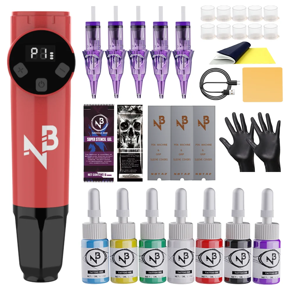 Red & Black Wireless Tattoo Pen Kit LED Display 7 Colors Ink Cartridge Needles Complete Tattoo Supplies for Beginners