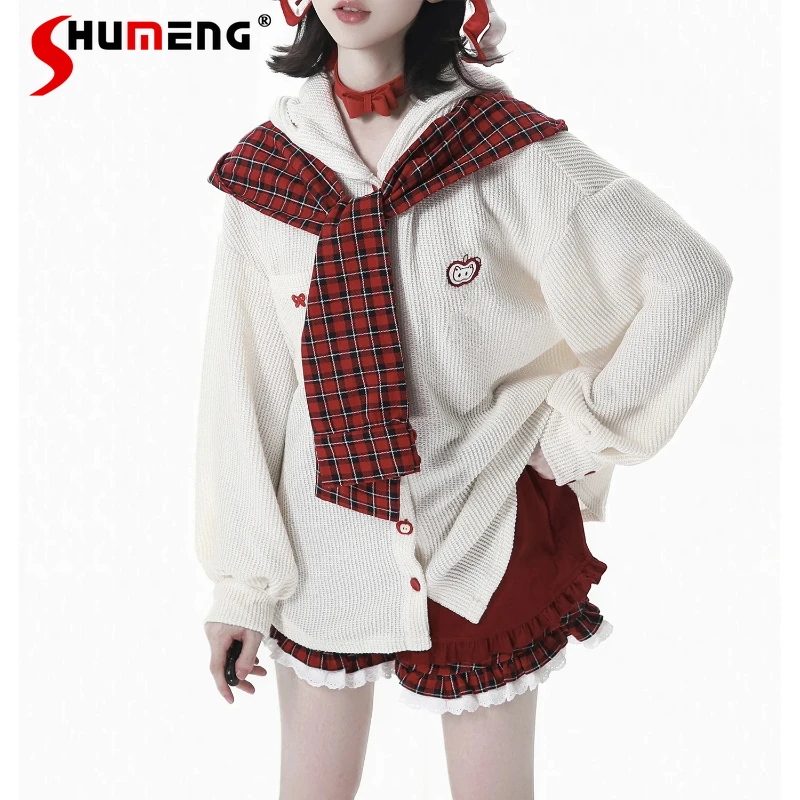 

Fruit Knitted Red And White Checkered Shawl Hooded Short Coat Shirt Single-breasted Long-sleeved Blouse Shorts Clothes Ladies