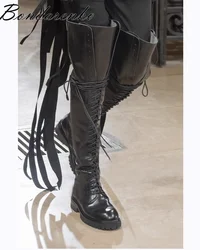 Black Flat Lace up Thigh High Boots Women Comfy Winter Luxury Designer Round Toe High Boots Big Size Causal Dress Shoes New in