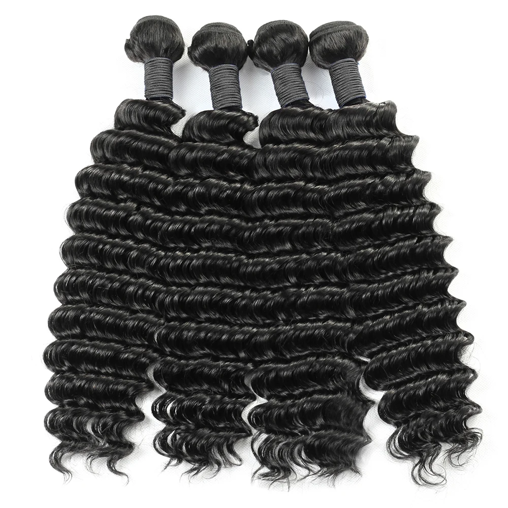 Brazilian Deep Wave Human Hair Bundles 12A Grade Remy Deep Curly Wavy Bundle Deals Unprocessed Human Hair Deep Wave Hair Extensions Curly Wet Wavy 1/3/4 Bundles Natural Black