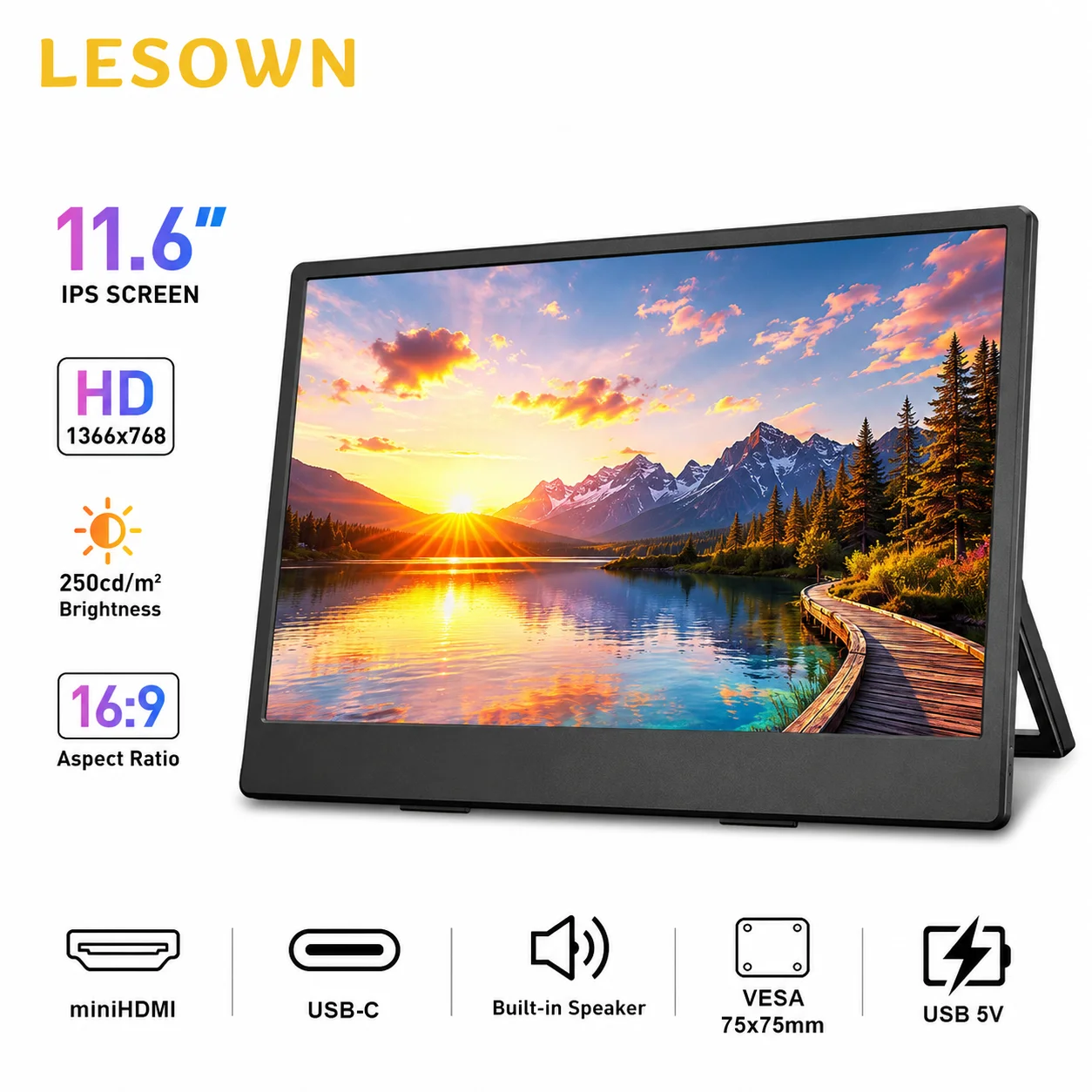 LESOWN 11.6 Inch LCD Monitor 1366x768 60Hz Type-C Mini HDTV VESA Speaker for Raspberry Pi AIDA64 DIY PC