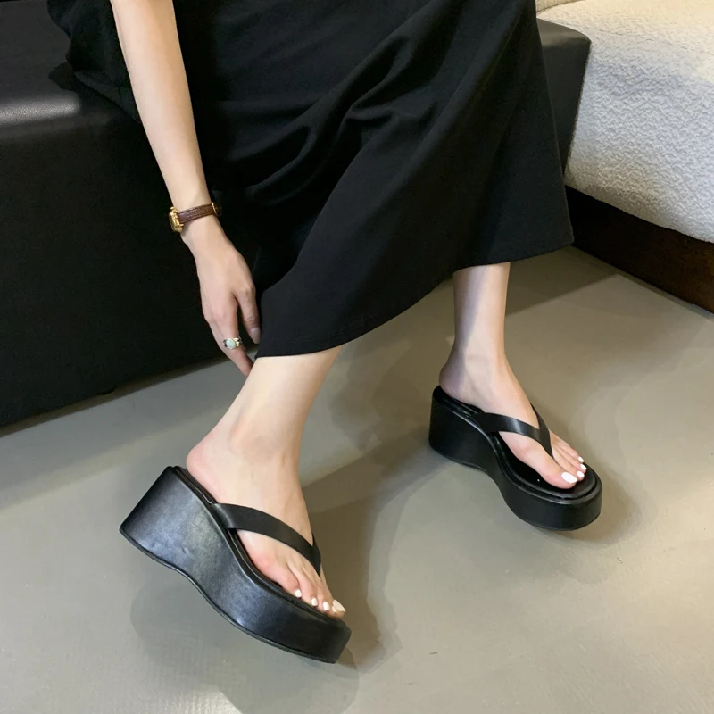 Black High Heel Wedges Women Sandals Silver Ladies Flip-Flops Leisure Platform Wedge Beach Slippers Chunky Shoes 2024