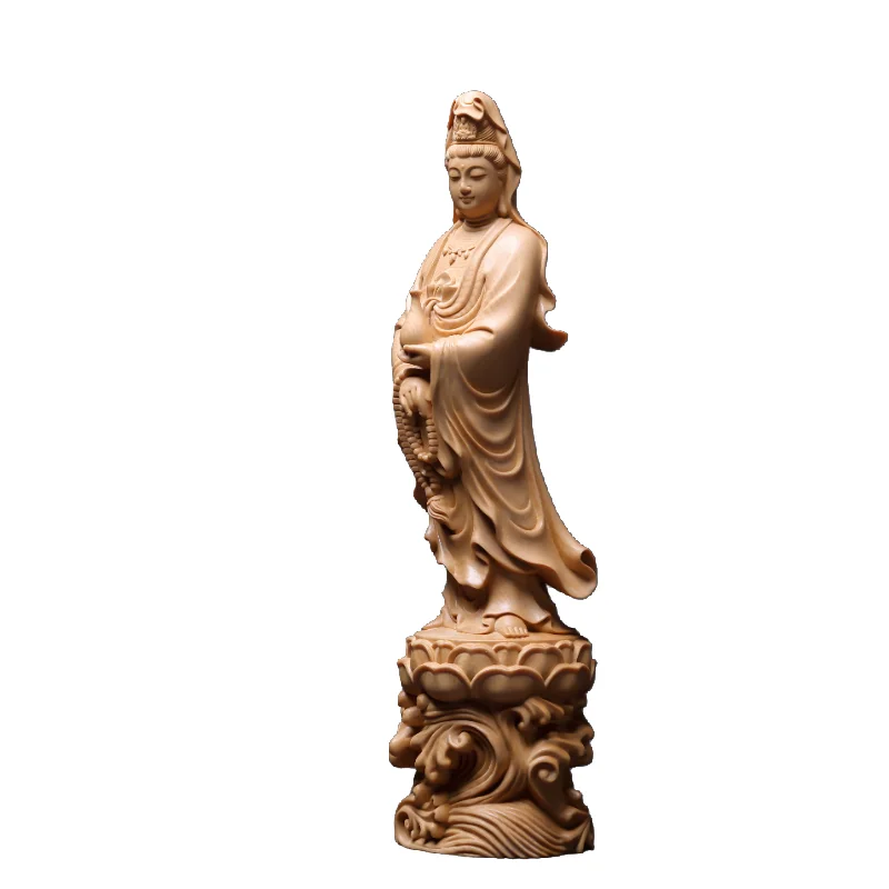 Hand-Carved Hinoki Cypress Guanyin Statue - 13.8