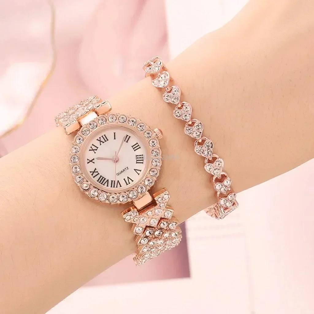 1/2Pcs Luxury Women Shiny Bracelet Watches Rose Gold Watch Fashion Ladies Elegant Quartz Diamond Wristwatch Female Reloj Mujer