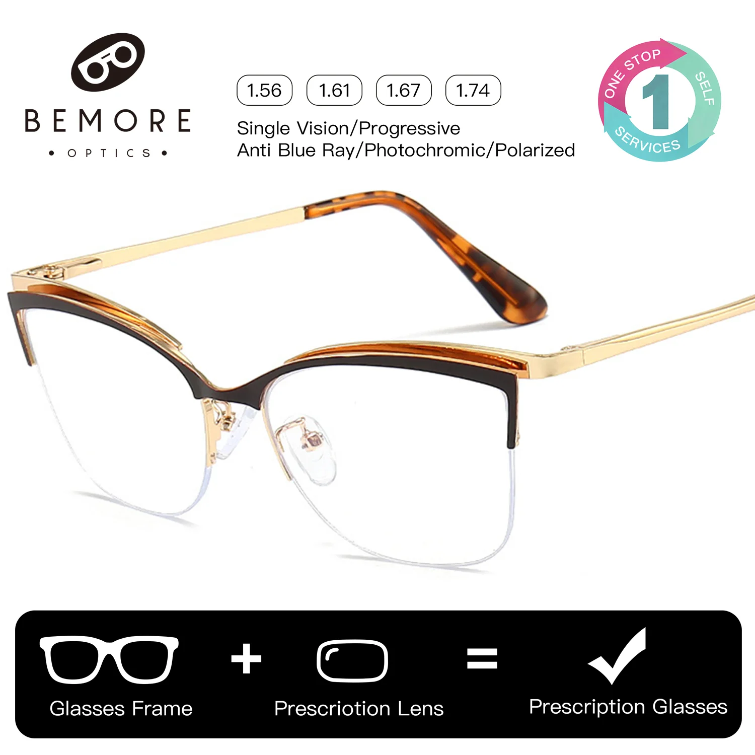 

BEMORE Fashion Half Rimless Optical Glasses Women with Recipe Anti-Blue Ray Photochromic Prescription Sunglasses