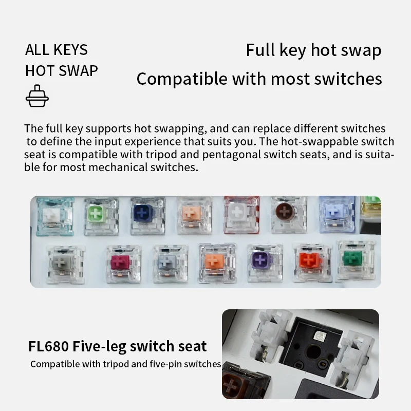 FL · ESPORTS-Teclado sem fio Bluetooth com fio, Teclado Hot Swappable, Suporte Win e Mac, RGB, três modos, FL680, 2.4G, 68 teclas