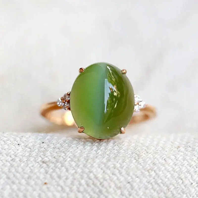 Creative silver inlaid green gemstone cabochon rings for women adjustable simple style fresh retro engagement party jewelry