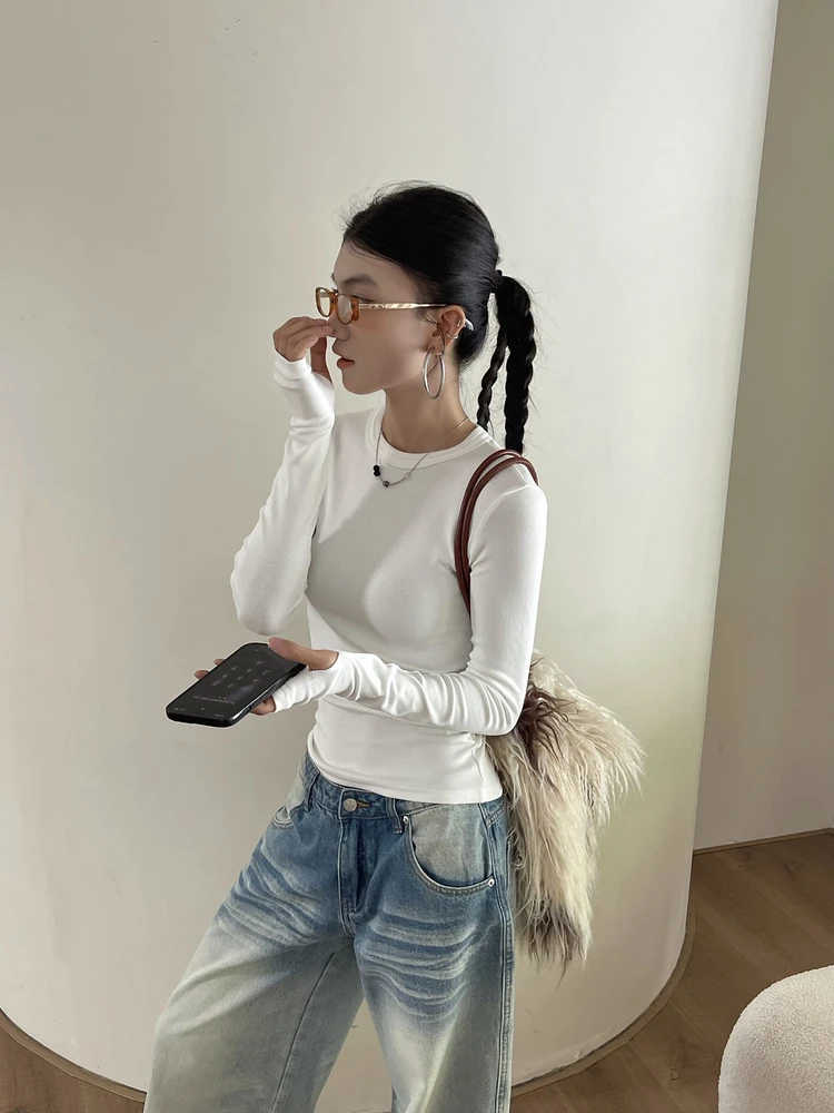 

Эластичная круглая футболка с длинным рукавом для женщин, универсальная базовая одежда, внутренний и внешний слой, корейский стиль, осенне-зимний топ