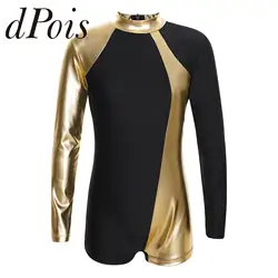 Kids Girls Metallic Gymnastics Leotard Color Block Ballet Dance Jumpsuit for Acrobatics Teen Long Sleeve Figure Skating Bodysuit