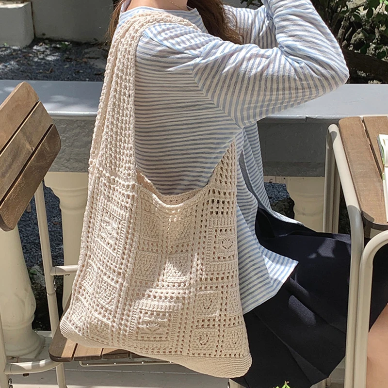 

Simple Crochet Tote Bags Fashion Hollow Knitted Women's Bags Casual Female Shoulder Bags Ladies Shopping Top-Handle Bags Handbag