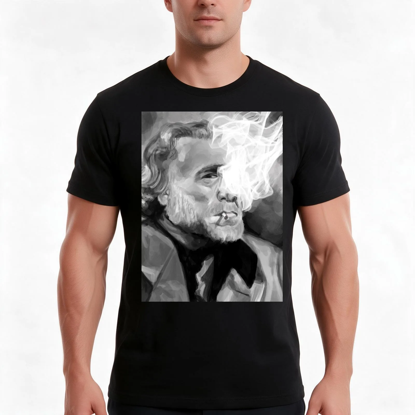 Bukowski black and white digital painting T-Shirt, Summer Casual Cotton Tee, Oversized Streetwear Tops, Vintage Graphic Print