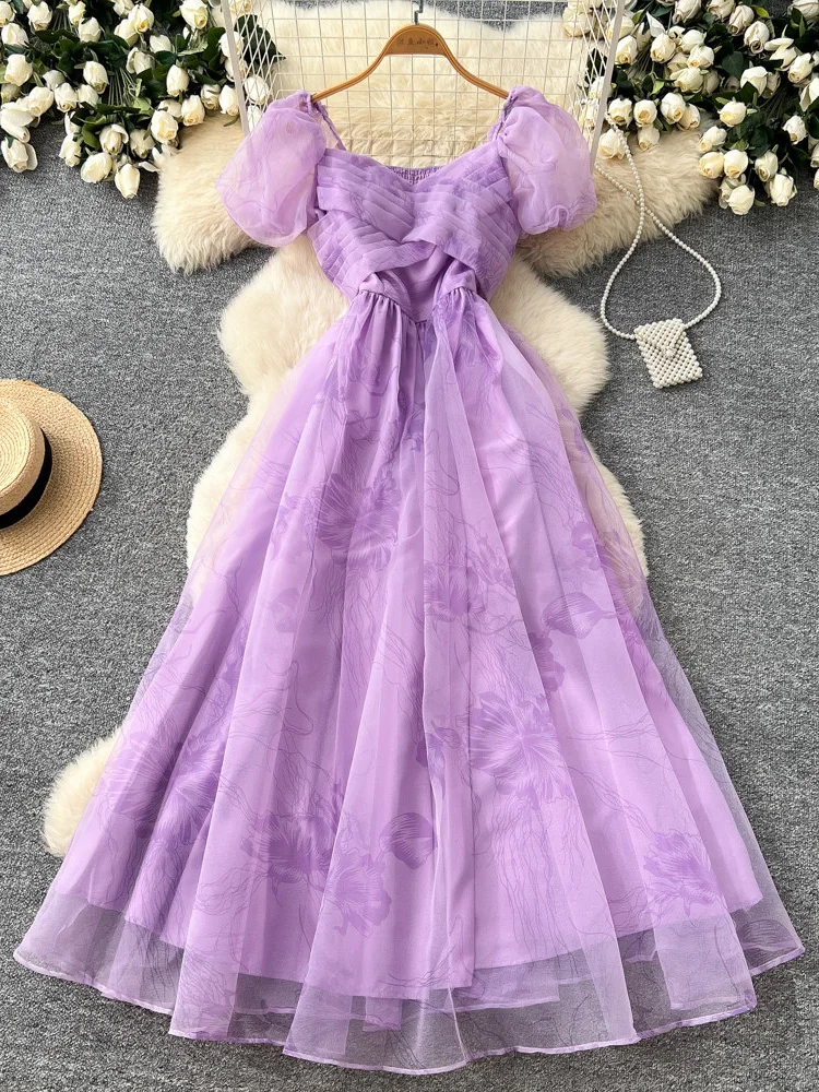 Sommerliches, elegantes, rosafarbenes, kurzärmliges Blumen-A-Linien-Kleid für Damen, neues modisches, gerüschtes Mesh-Partykleid Y50