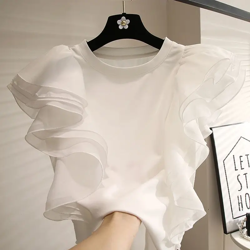 Sweet Ruffle Stitching Three-dimensional Large Flower  Round Neck Short Sleeve T-shirt Women's Shirt Trend Women Clothes