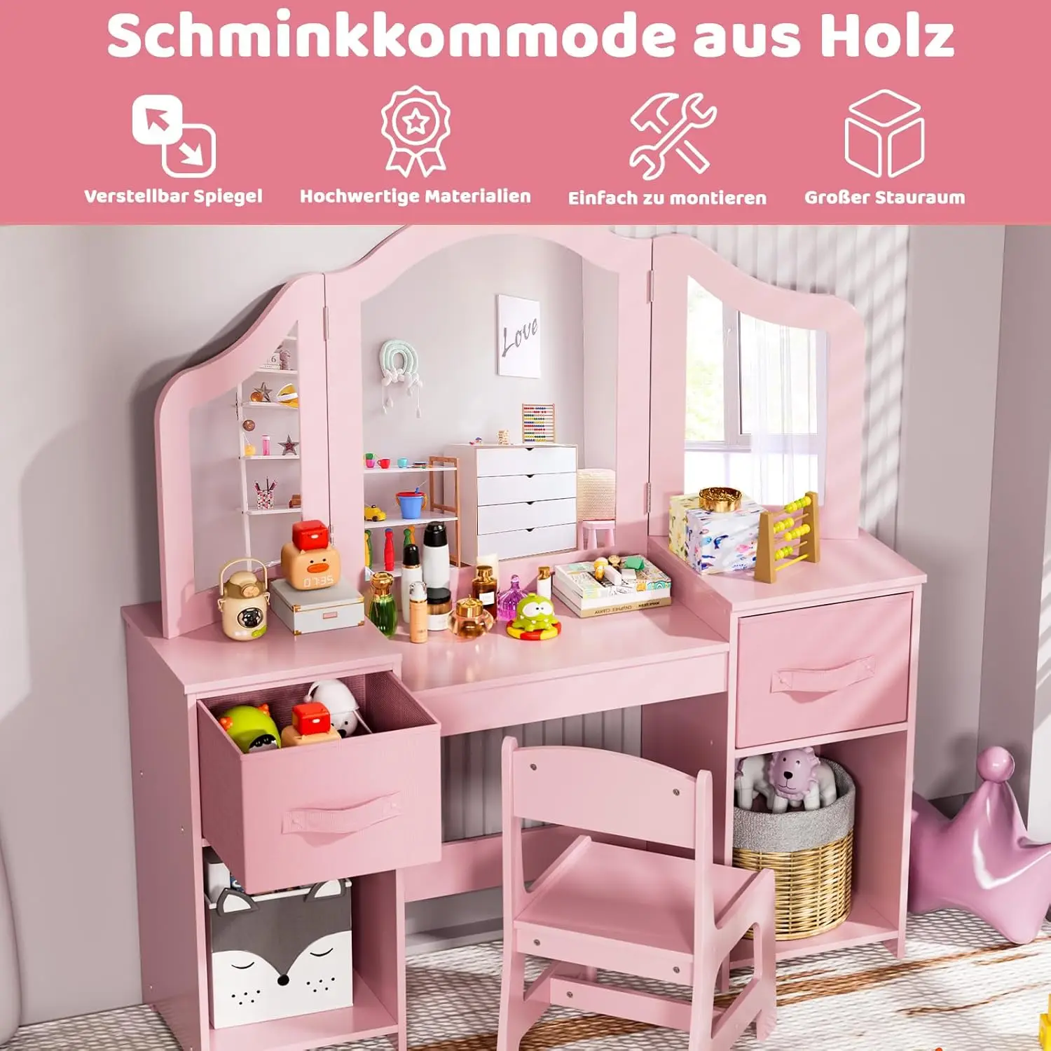 Children's Dressing Table Set,Kids Vanity Table Set,Girls Makeup Dressing Desk Chair,with Removable Mirror,Pink