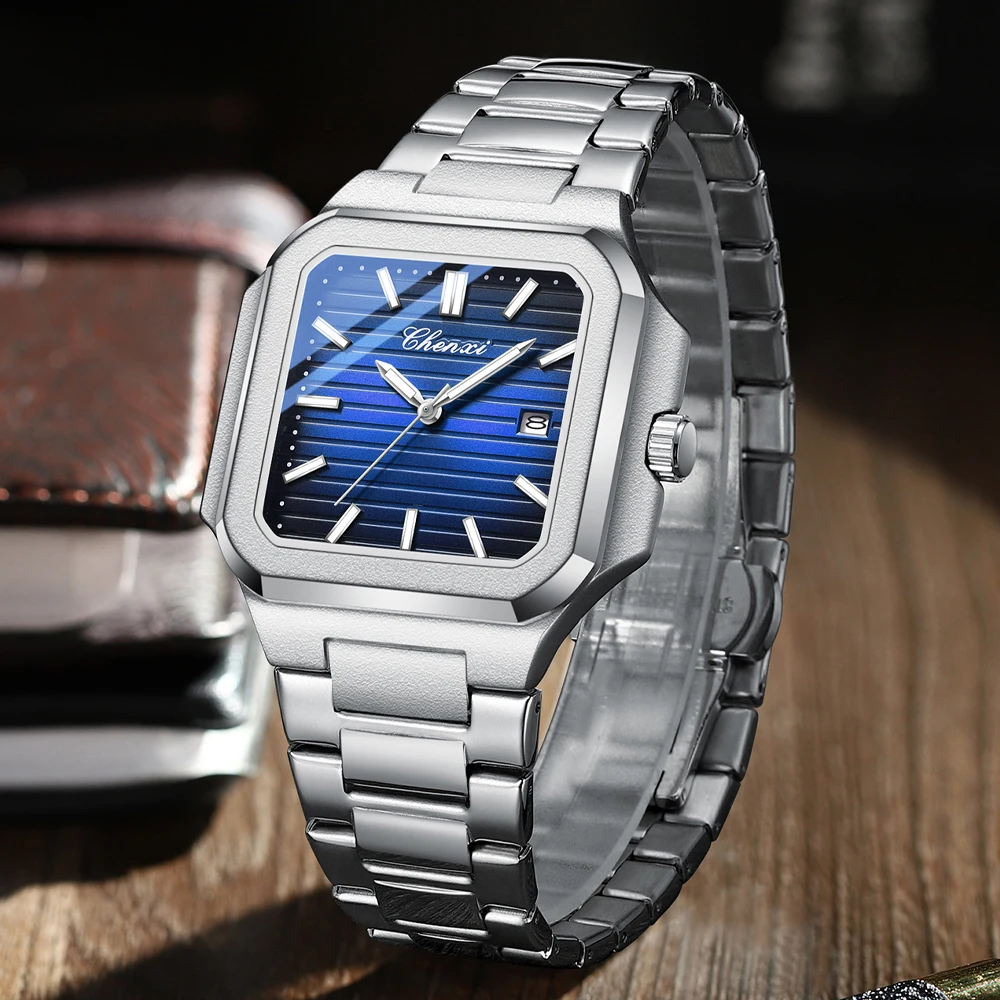 CHENXI Luxe Vierkant Quartz Man Horloge Heren Horloges Waterdicht Lichtgevende Datum Week Roestvrij Staal Herenhorloge Mannelijk