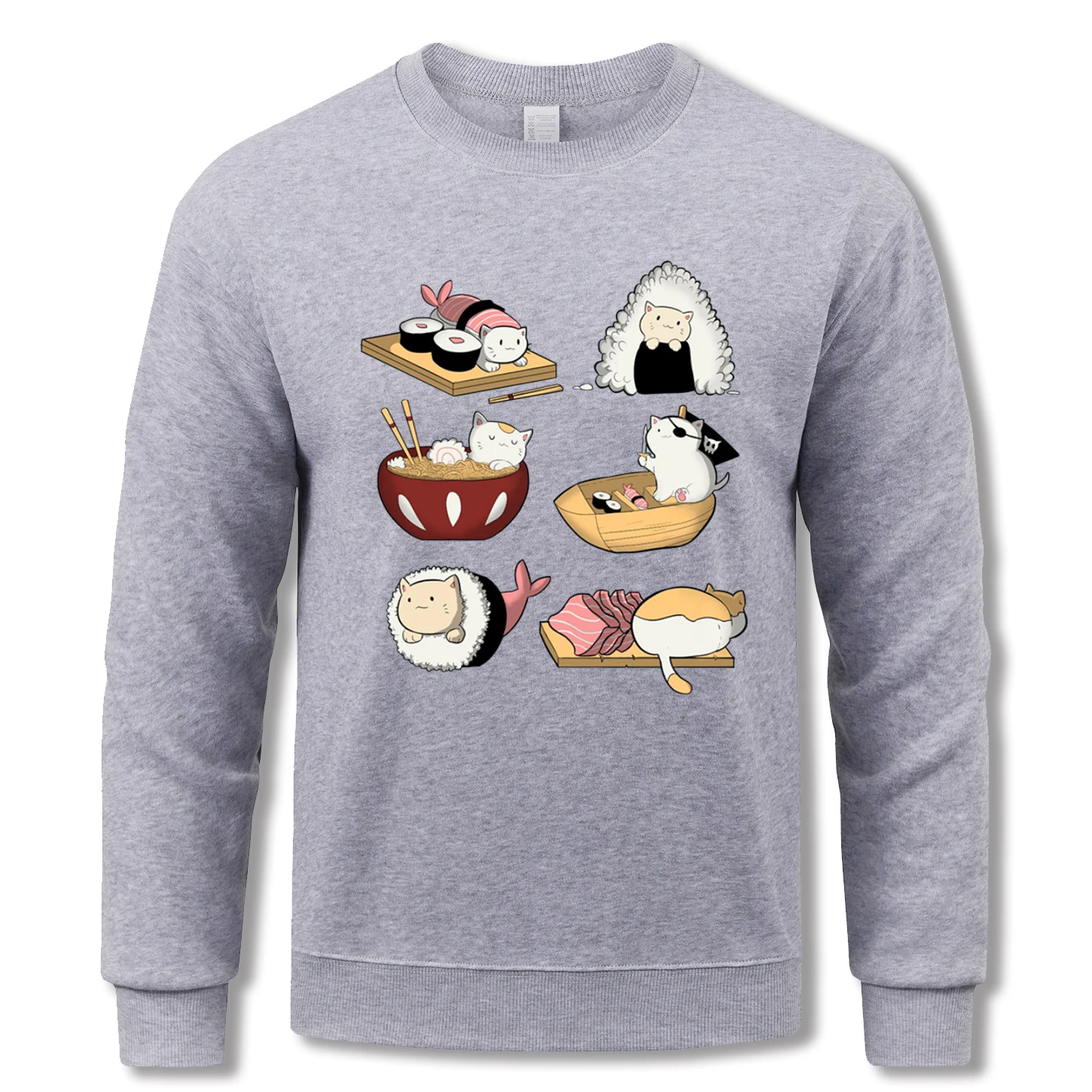 

Маленький кот, который любит ест, суши, толстовка, мужские осенние пуловеры, флисовый универсальный топ с круглым вырезом, свободный спортивный костюм унисекс