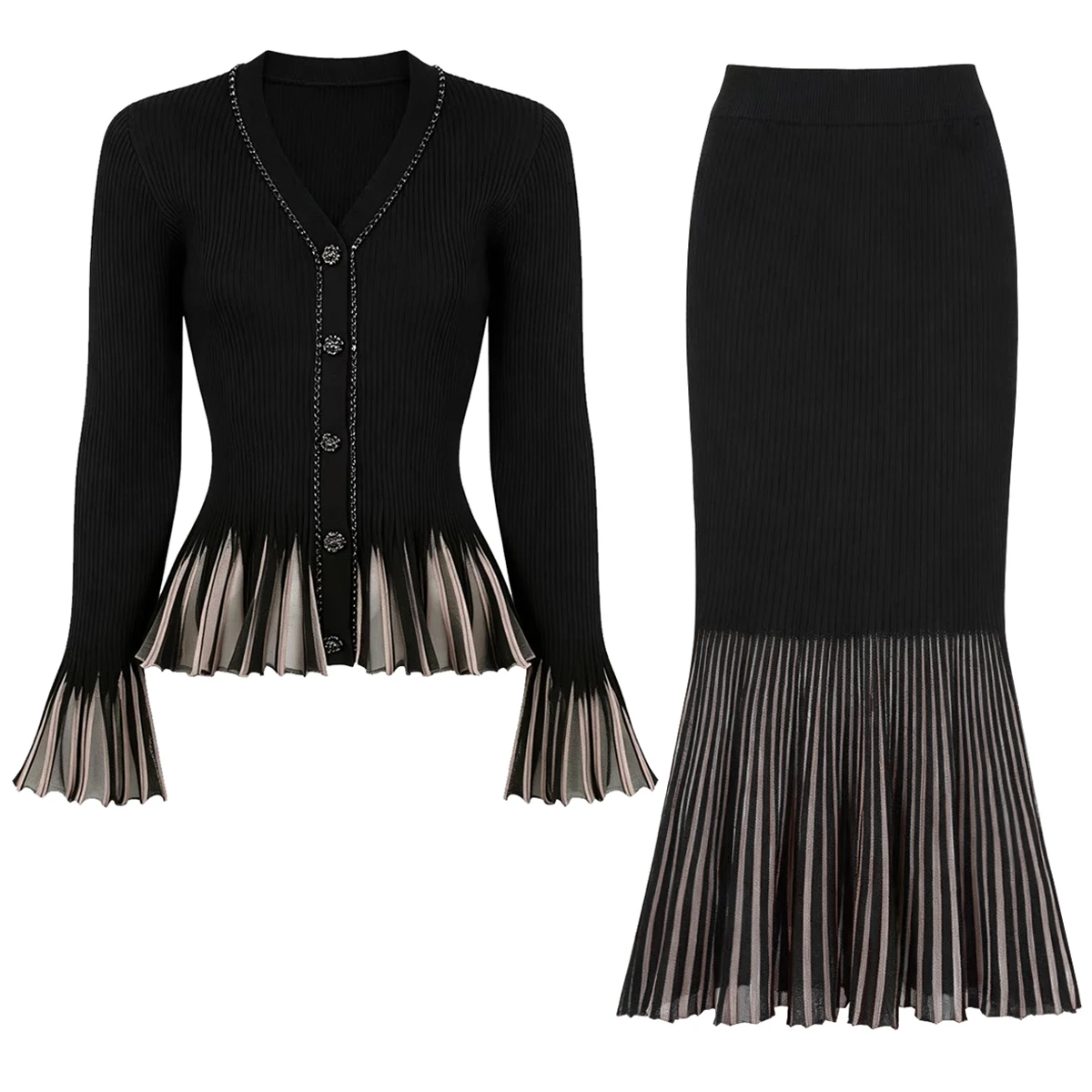26281 High Quality Autumn New Fashion Commuter Women's Knitted Hollow V-Neck Nail Drill Horn Sleeve Top Coat+Skirt Set