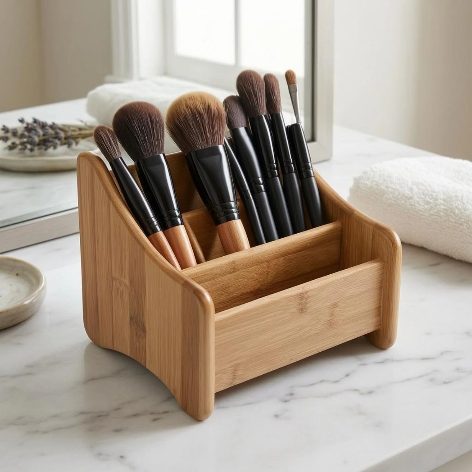 uncoveredTop Bamboo Organizer Natural Wood Grain Three-Compartment Storage Box Bamboo Desk Organizer Curved Side Panels