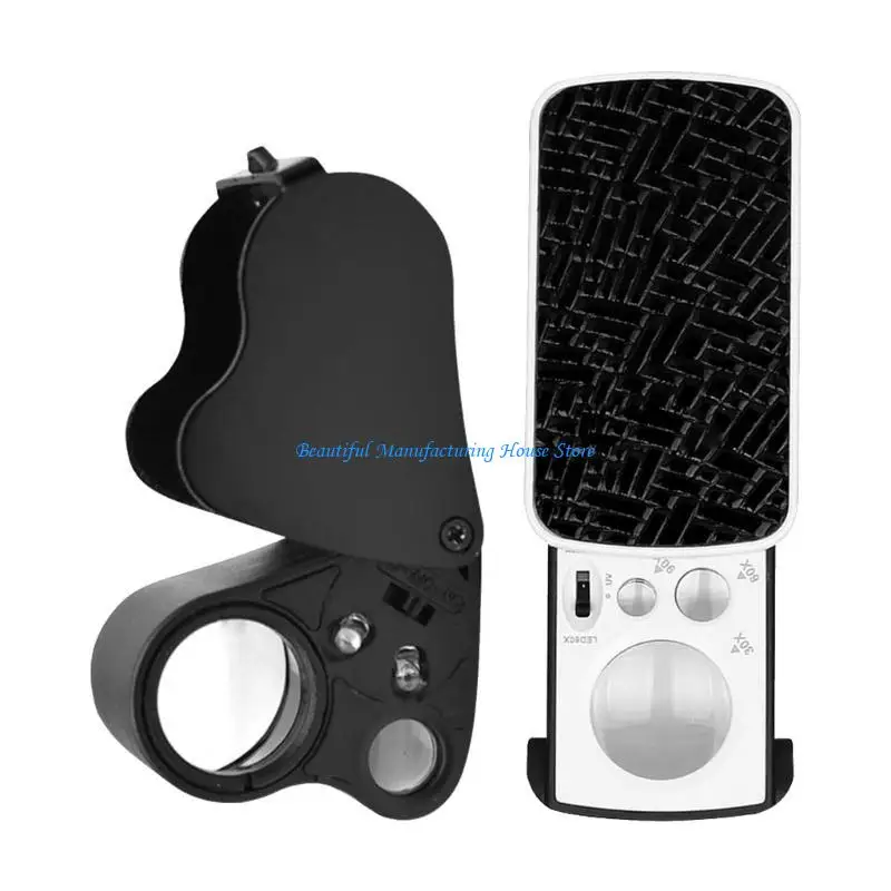 E56A حزمة من 2 عدسة مكبرة عملية للمجوهرات مع أضواء LED أداة فحص الماس نظارات مكبرة بحجم الجيب #3