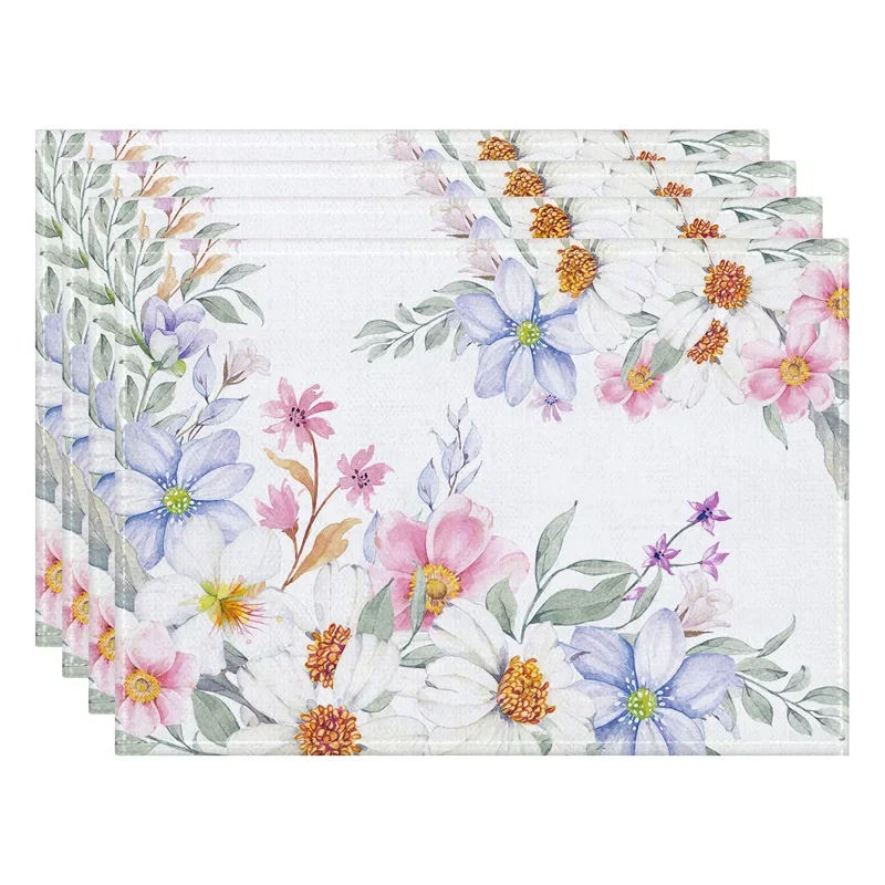 1pcs Spring Floral Wildflowers Placemats Table Decoration Watercolor Flowers Table Mat Washable for Holiday Party Kitchen Decor