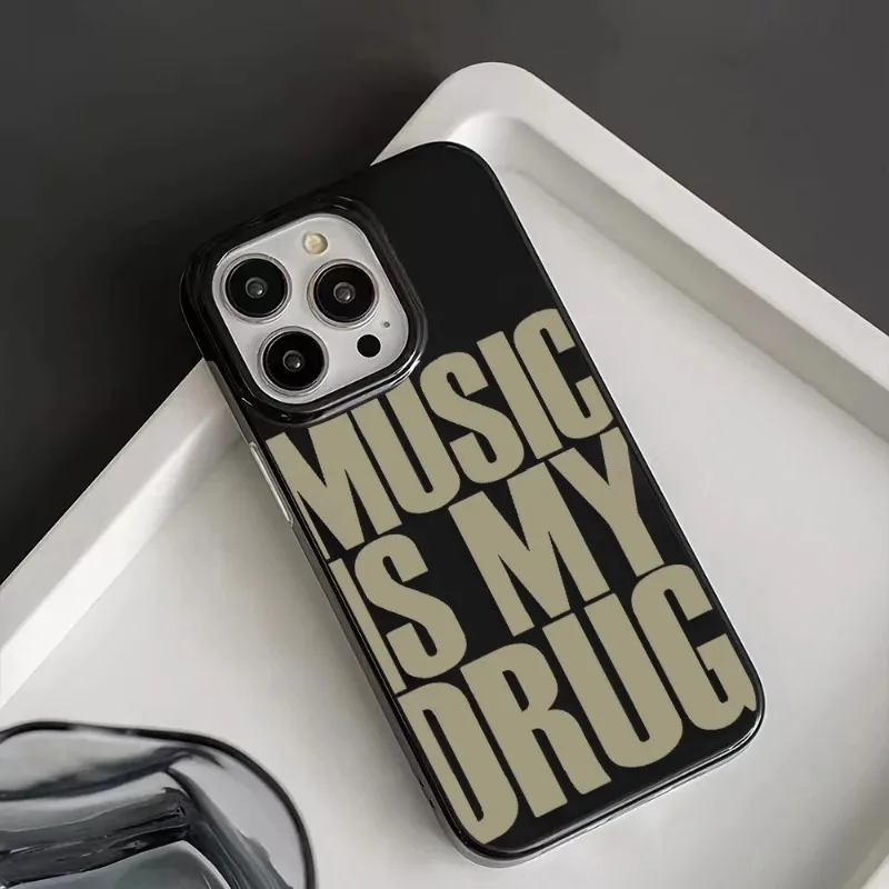 Ins Black MUSIC IS MY DRUG Luck Funda para teléfono adecuada para iPhone 11/12/13/14/15/ 16 Pro Max