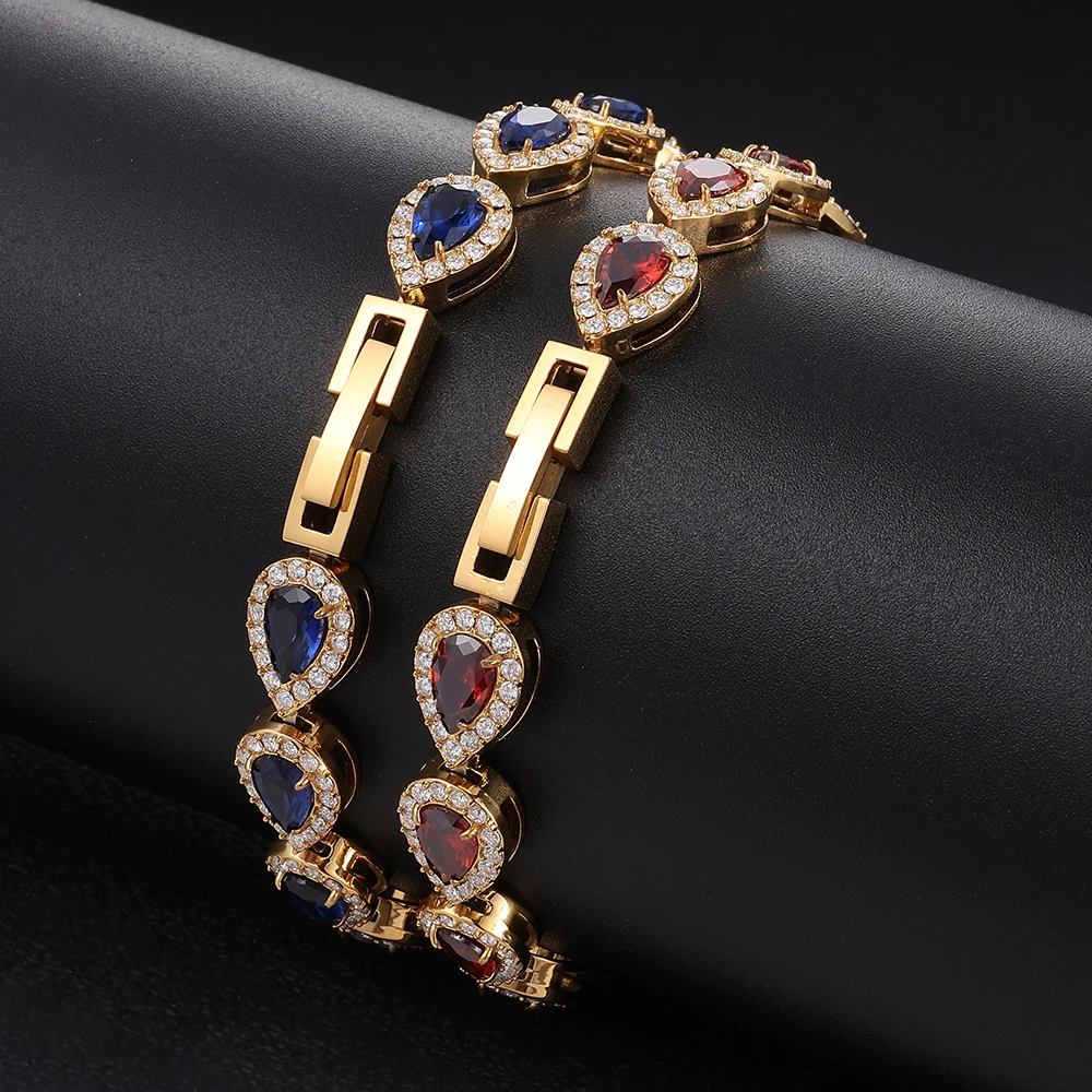 Luxury Teardrop Zircon Stainless Steel Bracelet For Women Gold Color Blue Red Stone Bangle Waterproof Wedding Party Jewelry Gift