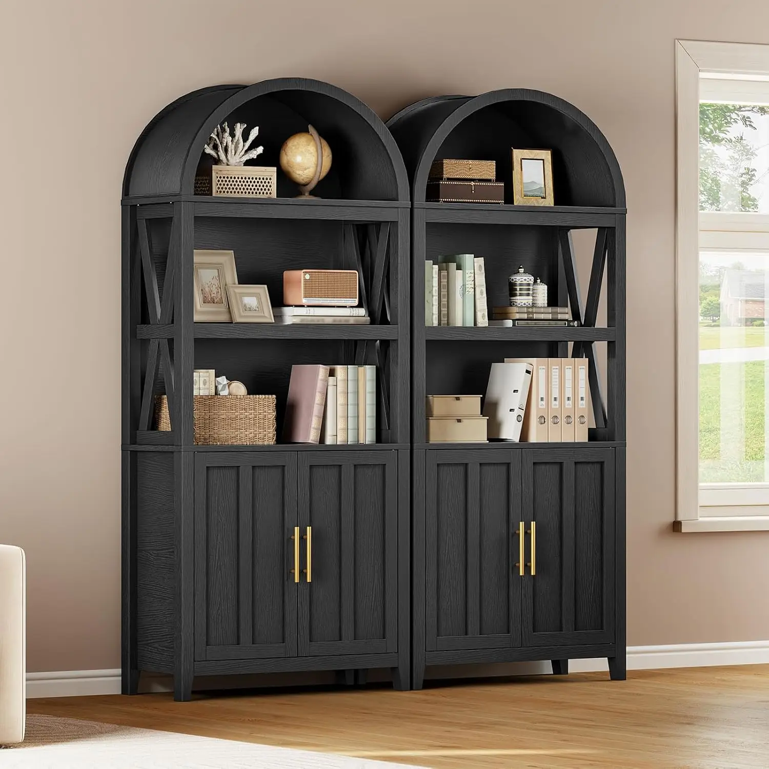 arched bookcase with open shelves and closed cabinet storage