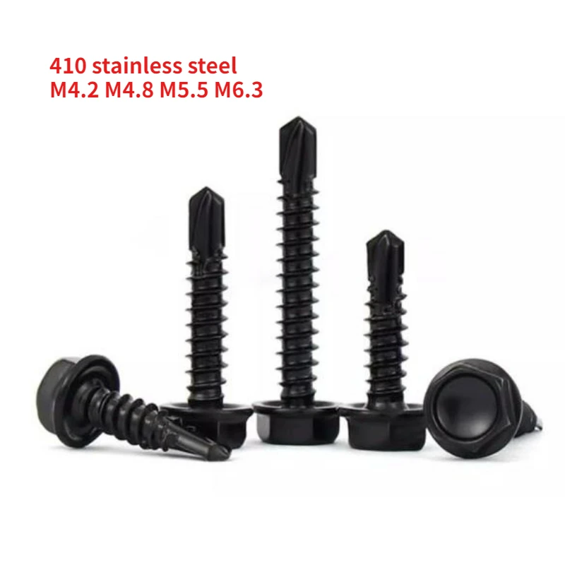 

20/40/50pcs M4.2 M4.8 M5.5 M6.3 Black 410 Stainless Steel Outer Hex Hexagon Drill Tail Screws Tapping Screw