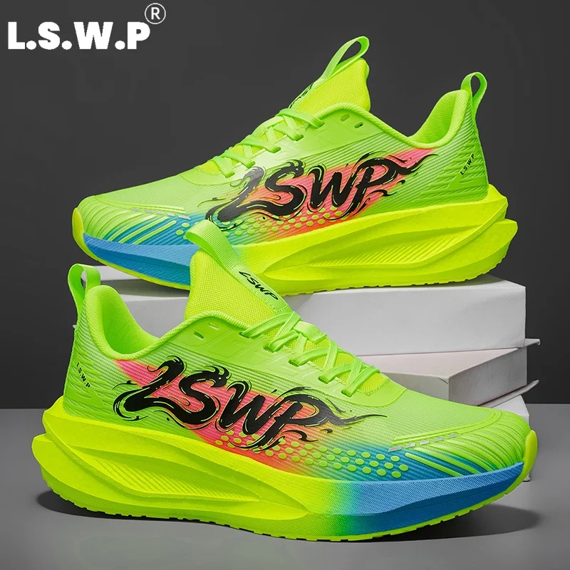 Men's Casual Sports Shoes, Racing Carbon Plate Running Shoes, Gradient Mesh Surface, Breathable and Lightweight Without Causing Foot Congestion, High-Elastic Thick Sole for Cushioning and Impact Resistance, Non-Slip and Wear-Resistant Outsole for Stable Grip, Trendy Ink-Print Color Scheme, Suitable for Daily Jogging, Physical Testing Training, and Outdoor Long-Distance Running.