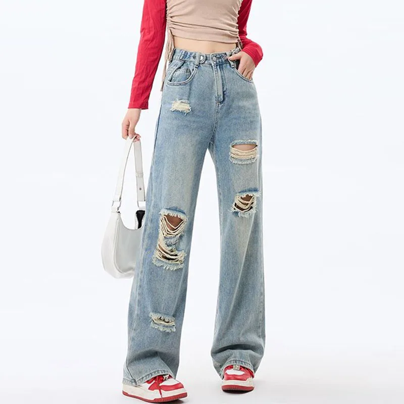 

Women Hight Waist Hole Jeans Solid Color 2024 Spring Autumn Female Wide Leg Denim Pants Button Zipper Ladies Straight Trousers