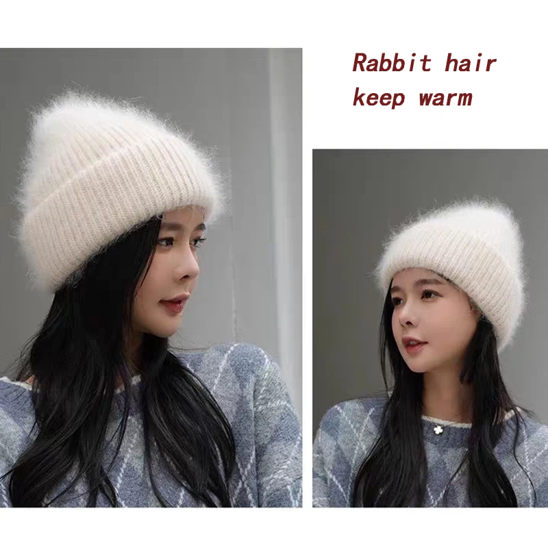 Angora rabbit hair knitted wool hat cold hat white color for women versatile for autumn and winter warm and small face