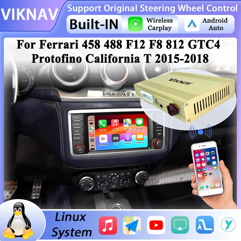For Ferrari 458 488 F12 F8 812 GTC4 Protofino California T Carplay Decoder Interface Box Android Auto Multimedia Player Stereo