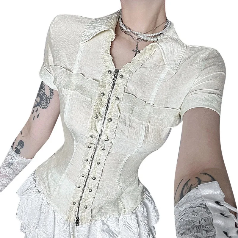 

2026 New Women Punk Zipper Short Sleeve Shirt Subculture Streetwear Slim Fit Casual Basic Blouse Gothic Y2K Daily Tops
