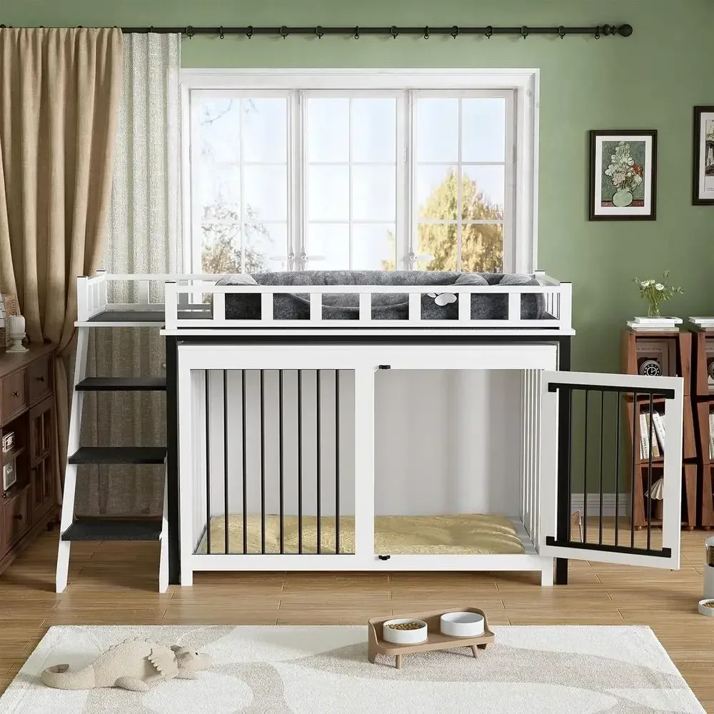 Sturdy Wooden Dog Crate with Double Door, Suitable for Medium to Large Dogs, Includes Multi-Purpose Blanket and Cozy Bed
