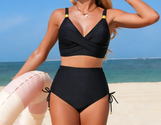 2026 New Women's High-Waisted Bikini: European & American Style Split Design for Sports, Solid Color