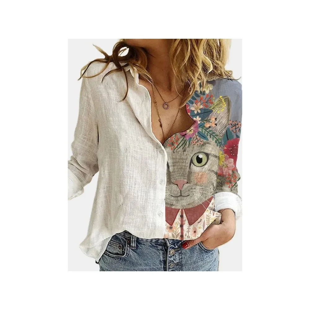 2024 Fashion Women\'s Loose Animal Cat Print Long sleeved Shirt  women shirt 8936 womens tops  women shirt  blouse