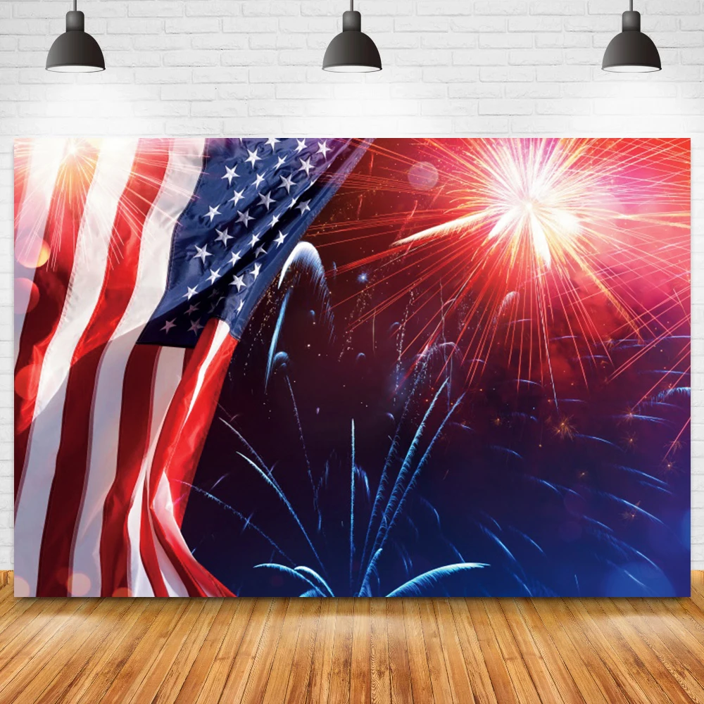 Happy Independence Day Theme Photography Backdrop 4th of July American Flag Fireworks Firecracker Party Birthday Decoration