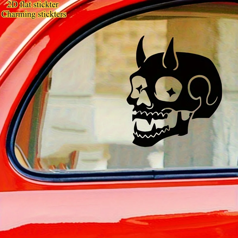 1pc 2D Flat Devil Horn Skull Halloween Waterproof Vinyl Sticker JDM Style Car Window Glossy Decor Decal
