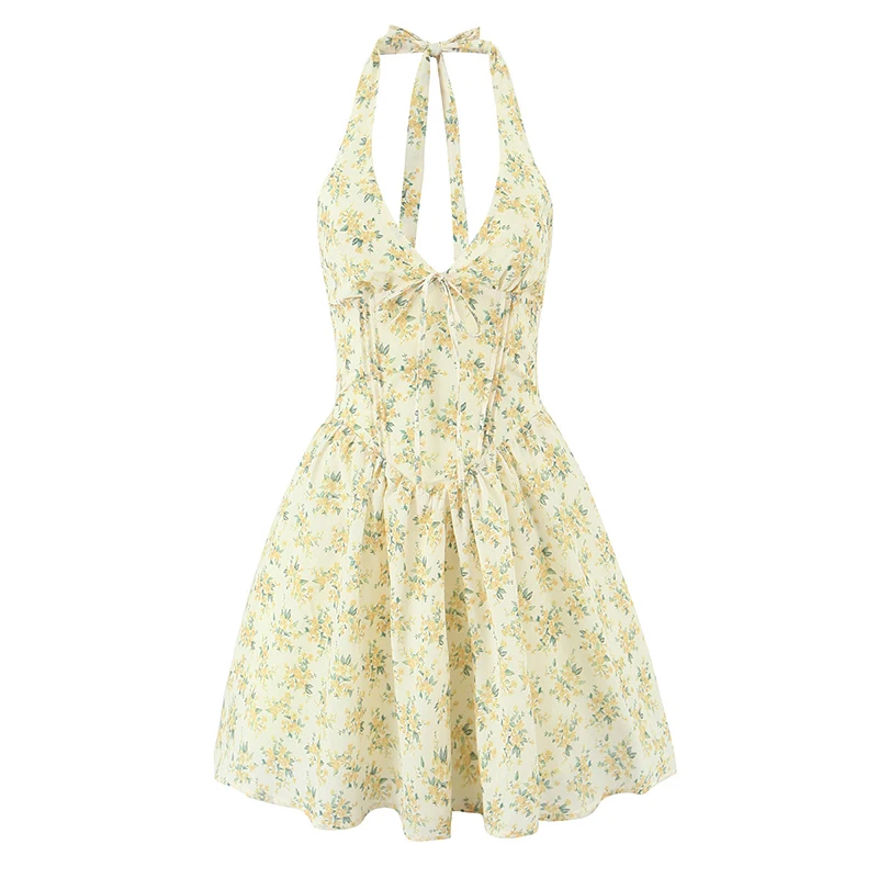 YENKYE Gelb Blumendruck Halter Mini Kleider Frauen Elegante A-linie Sommer Rückenfreies Kleid Urlaub Robe 2025, Kurze Vestidos