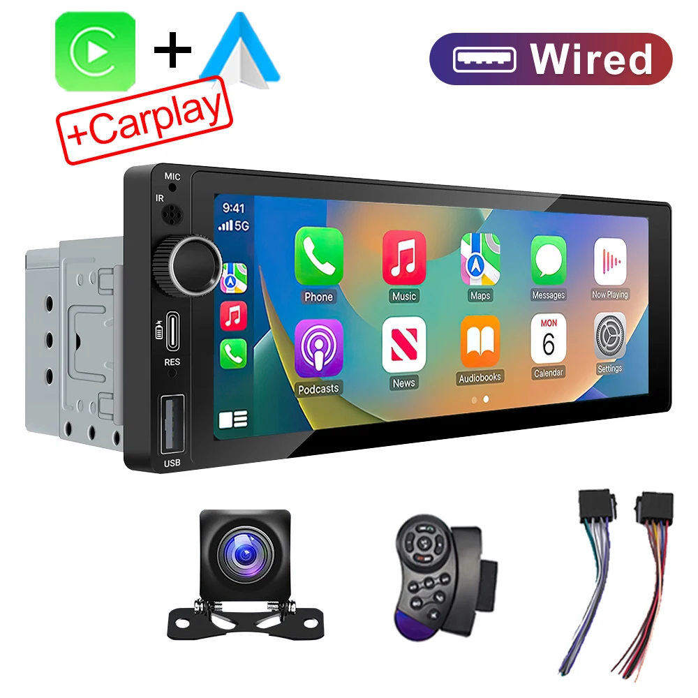IPS 6,9 inch 1Din Draadloos of bedraad Carplay Android Auto Autoradio Multimedia MP5-speler 1 Din DVD Bluetooth Stereo USB Opladen